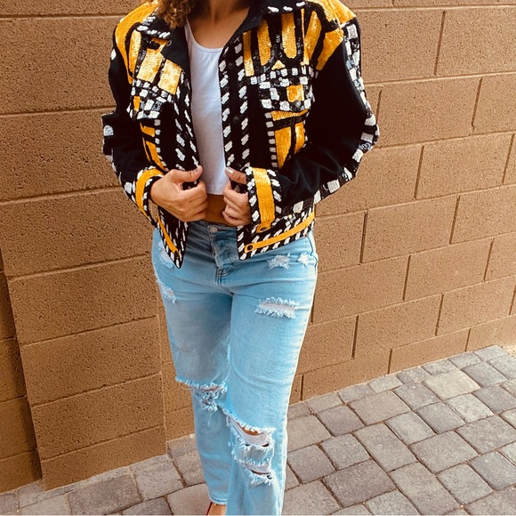 90s Vintage sequin TAXI Jacket Off Duty statement jacket🚕💛🧥🚧 - Picture 12 of 13